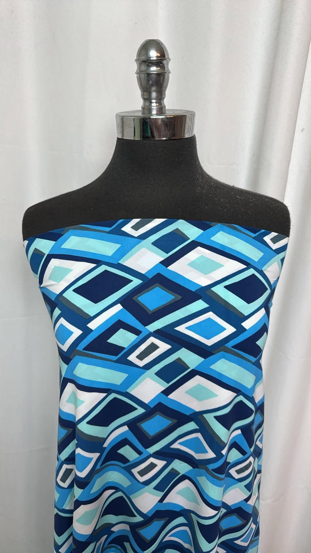 Blue Abstract Geo Squares - Nylon/Spandex Swim- 2 Yard Cut