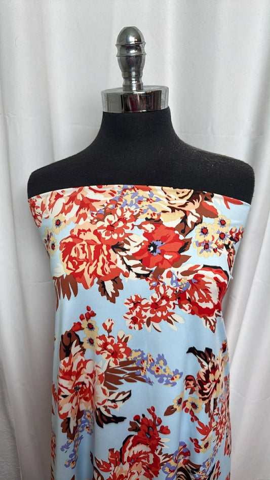 Light Blue/Red/Brown Floral - Nylon/Spandex Swim - 2 Yard Cut