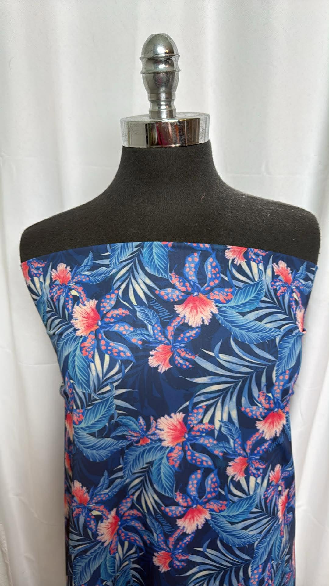 Blue Tropical Floral/Leaves - Nylon/Spandex Swim - 2 Yard Cut