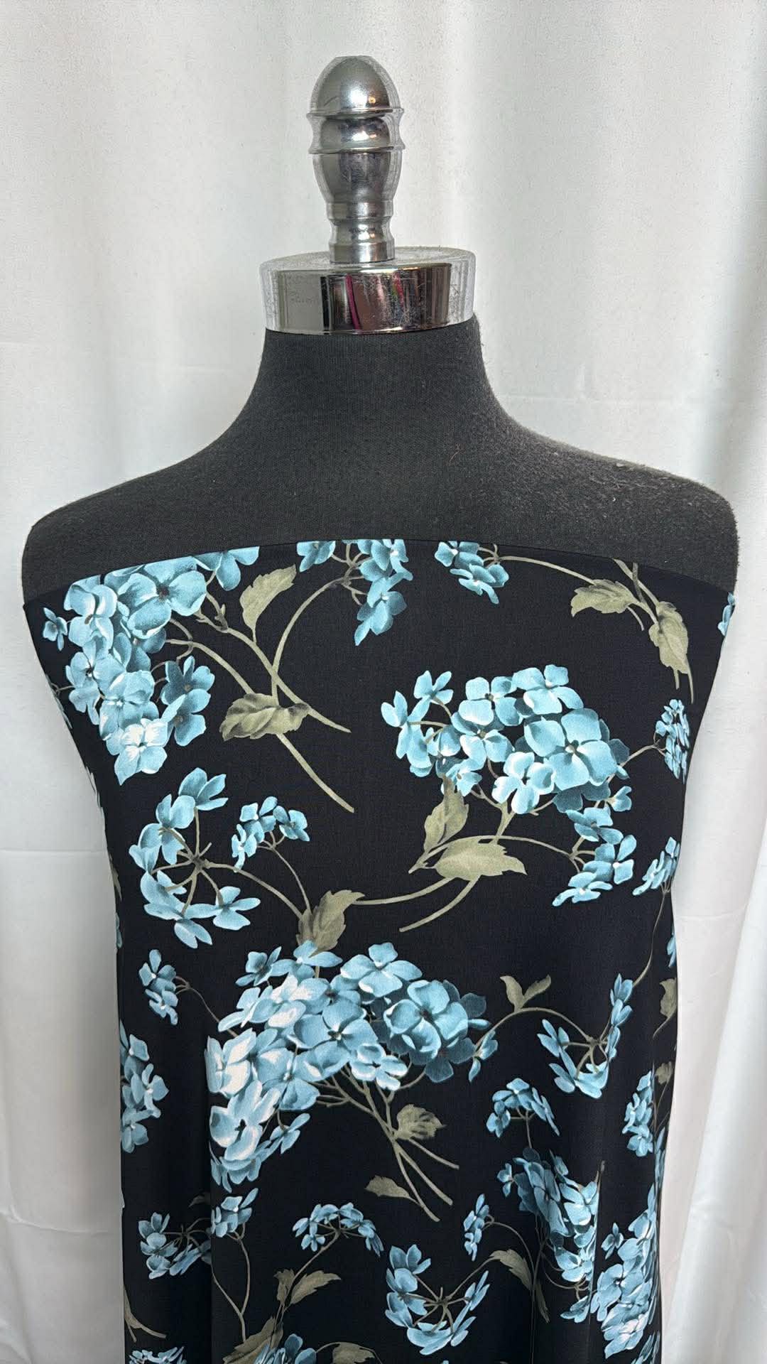 Blue Hydrangea on Black - Nylon/Spandex Swim - 2 Yard Cut