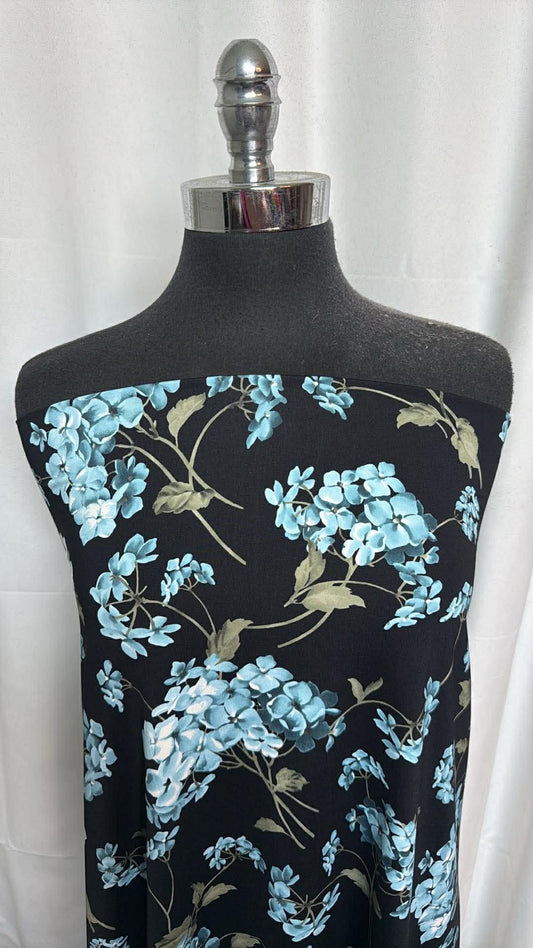 Blue Hydrangea on Black - Nylon/Spandex Swim - 2 Yard Cut