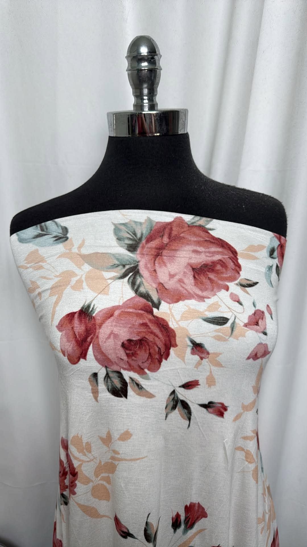 Ivory Floral - Rayon/Spandex - 2 Yard Cut