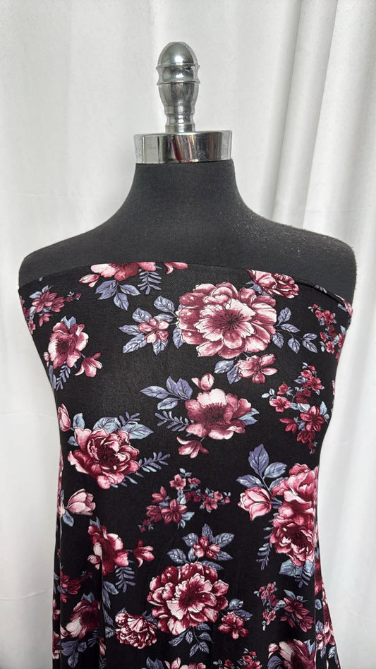 Black/Dusty Rose Floral - Rayon/Spandex - 2 Yard Cut