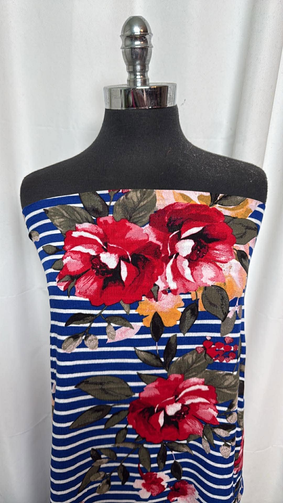 Blue Floral/Stripe - Rayon Woven - 2 Yard Cut