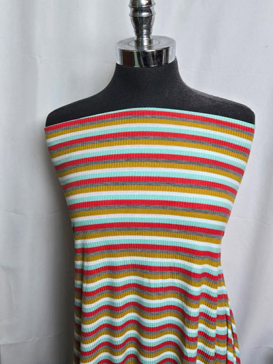 Mustard/Blue/Red Stripes - Rayon/Spandex Rib Knit - 2 Yard Cut