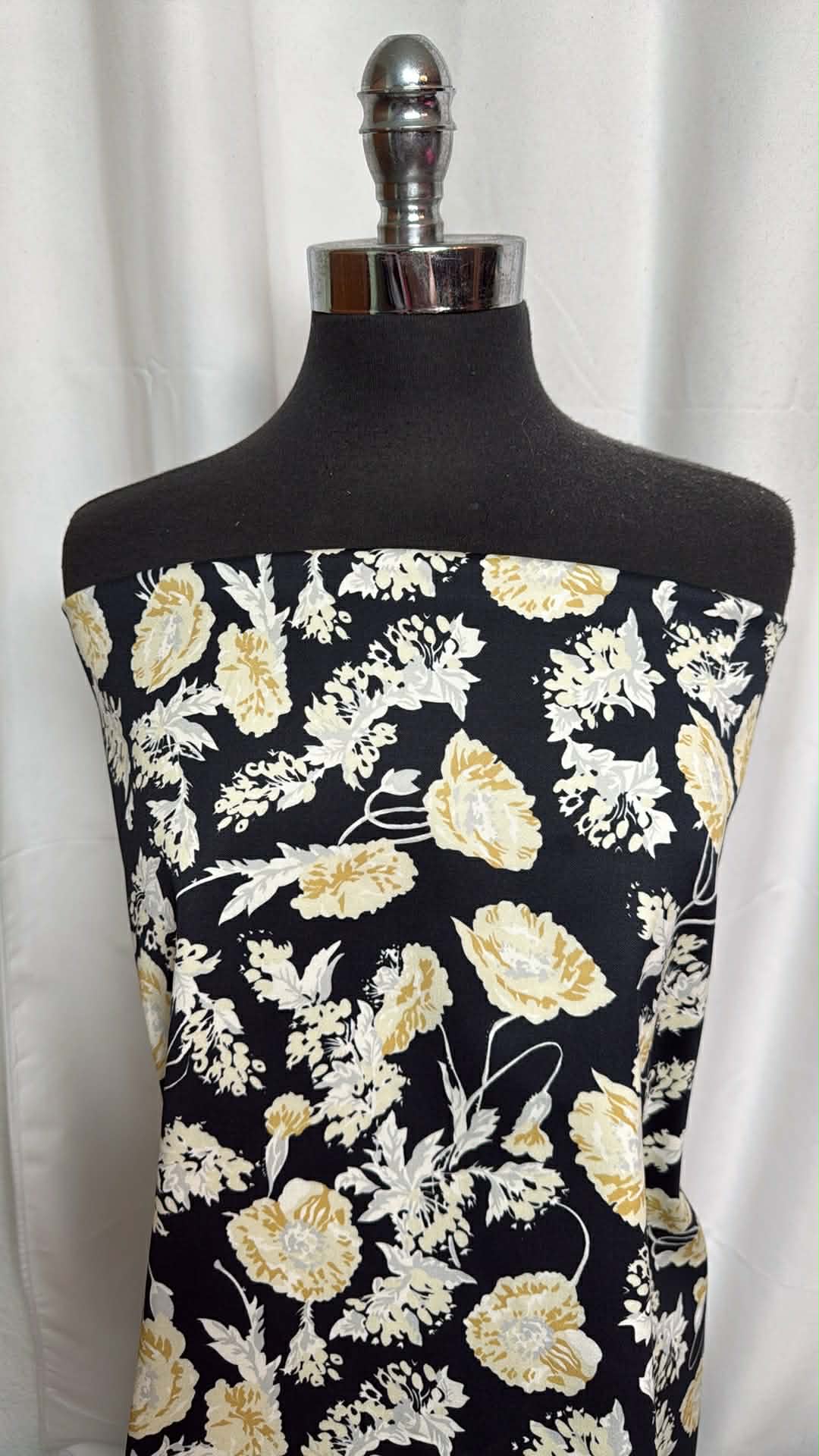 Navy/White/Gold Floral - Sateen-Finish Cotton/Spandex Woven - 3 Yard Cut