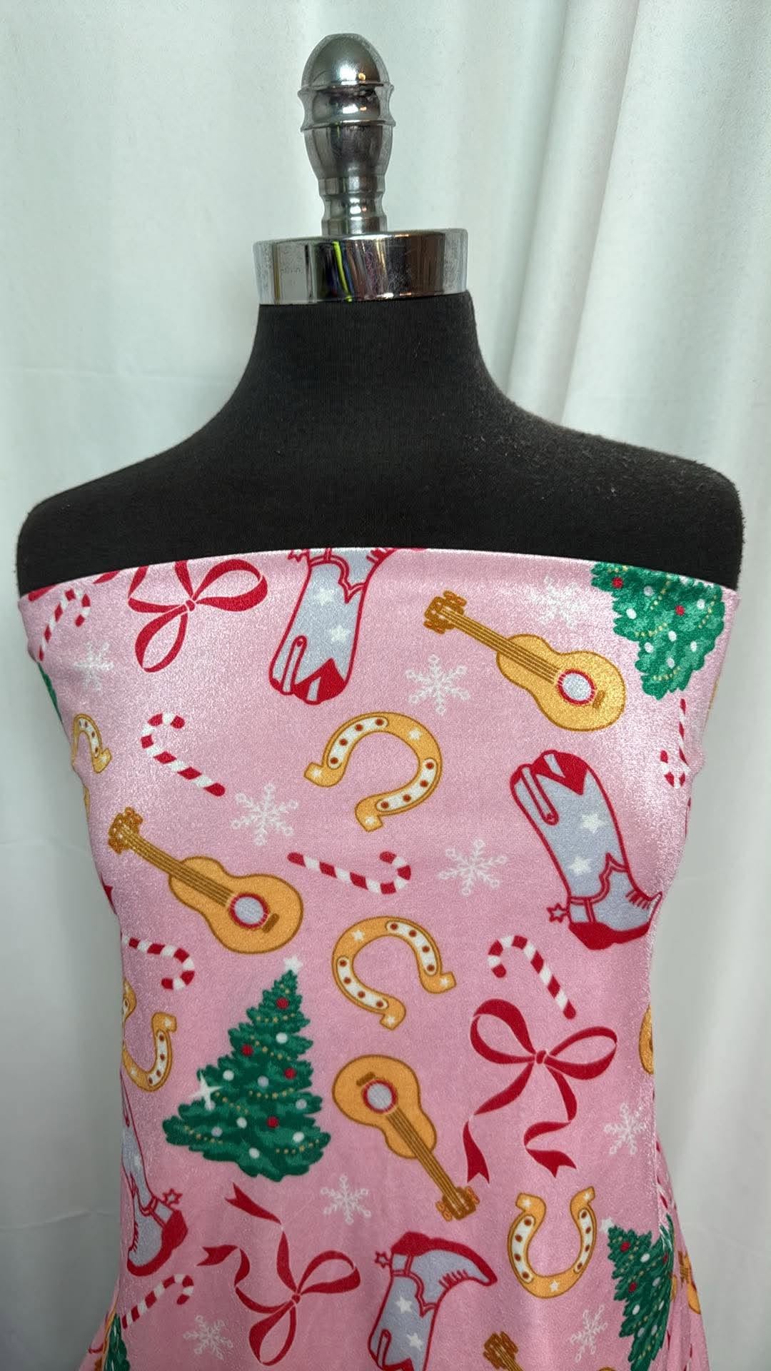 Western Christmas on Pink - Stretch Velvet (34" Wide) - 2.5 Yard Cut