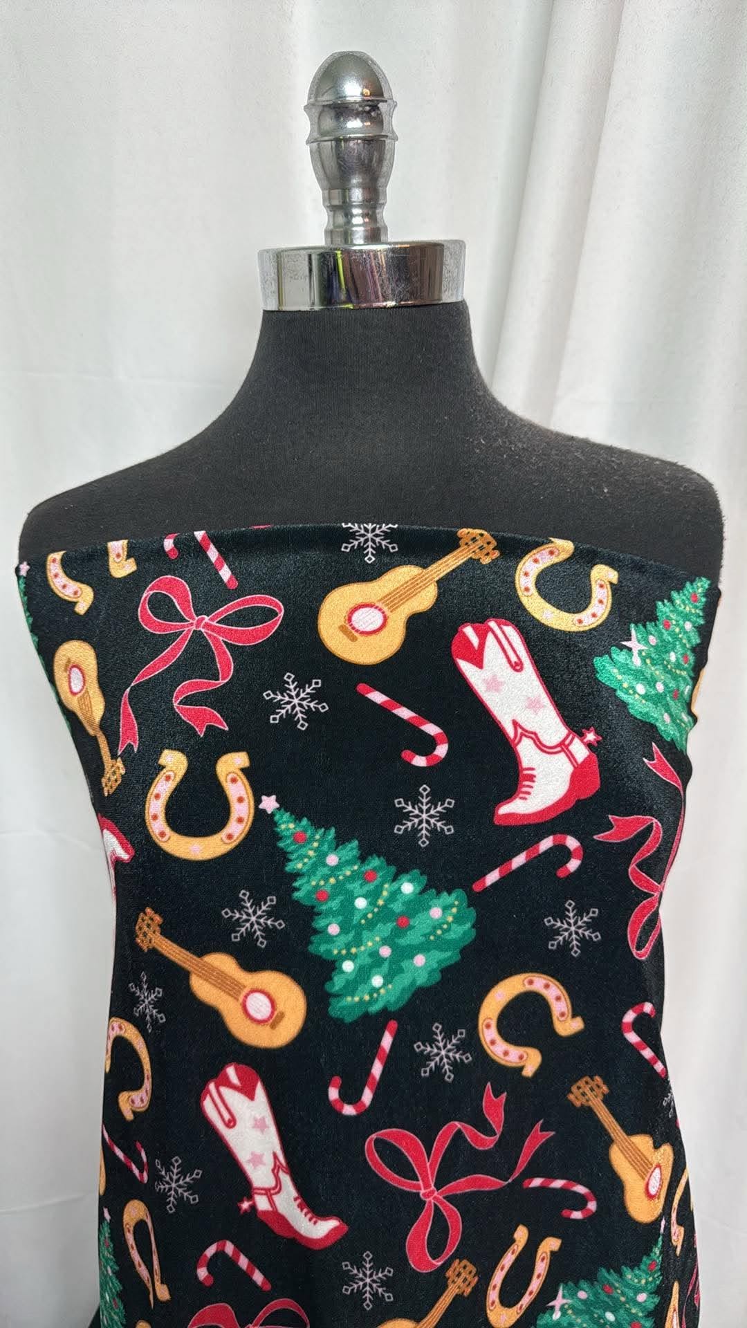 Western Christmas on Black - Stretch Velvet (34" Wide) - 2 Yard Cut