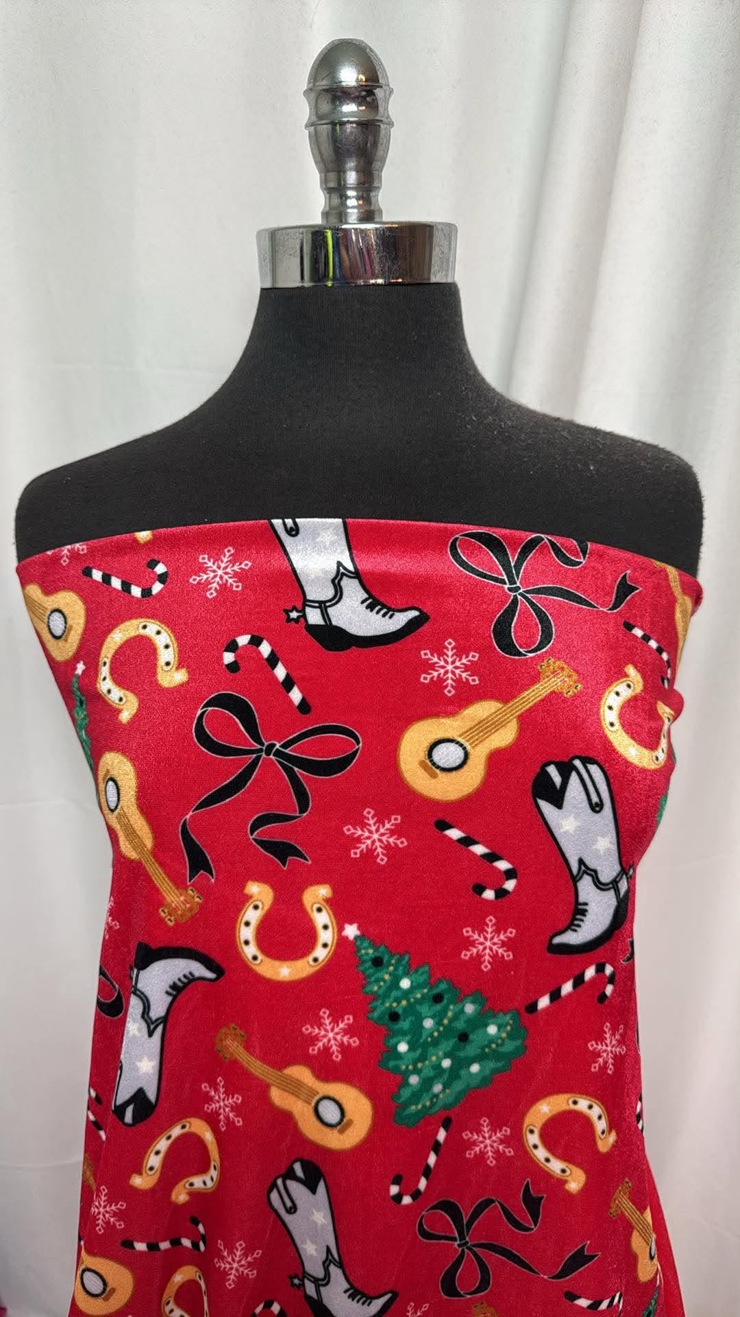 Western Christmas on Red - Stretch Velvet (34" Wide) - 3 Yard Cut