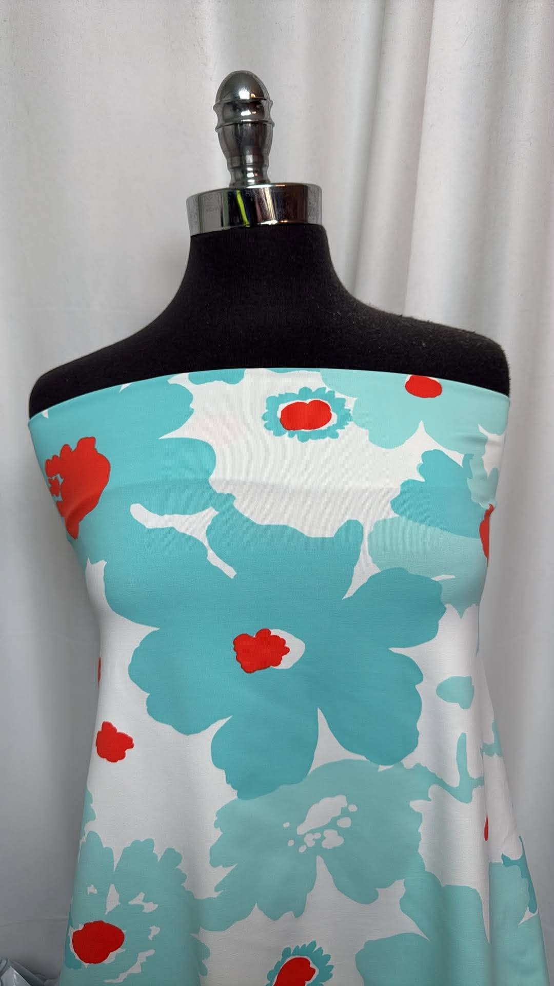 Aqua/Red Floral - Supplex - 2 Yard Cut