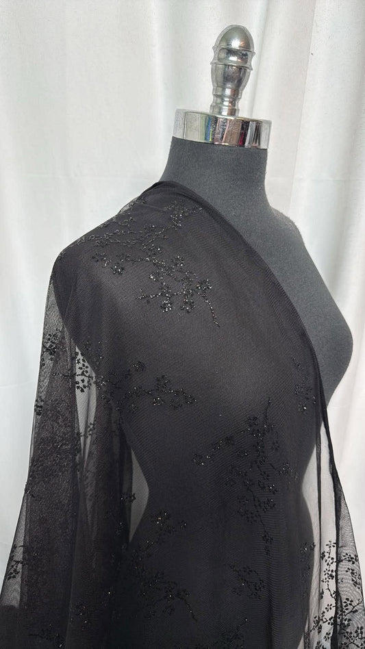 Black Floral - Tulle with Glitter - 2 Yard Cut