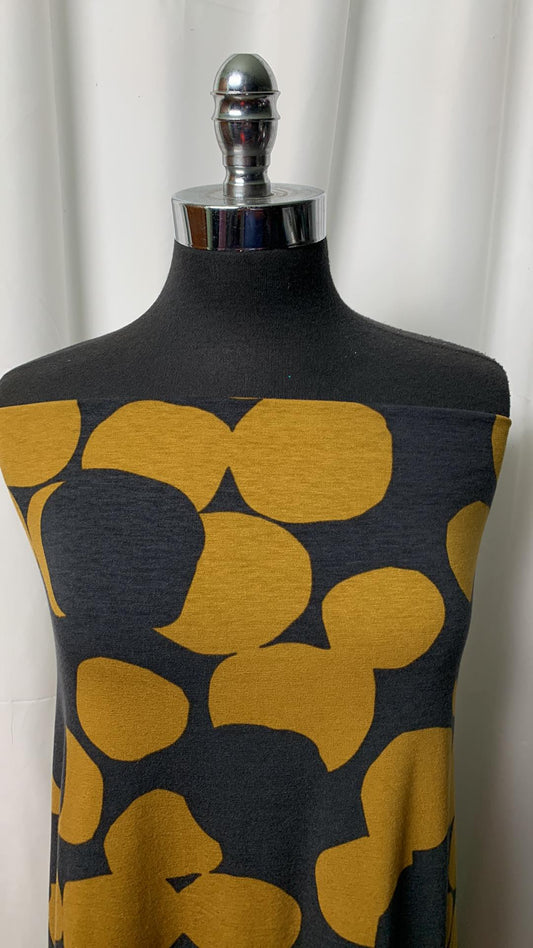 Mustard/Charcoal Circles - Bamboo/Cotton/Spandex - 2 Yard Cut