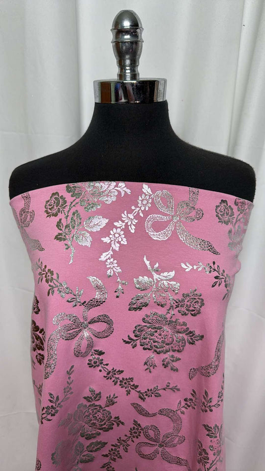 Pink Floral Bows - Cotton Jersey w/Foil - 2 Yard Cut