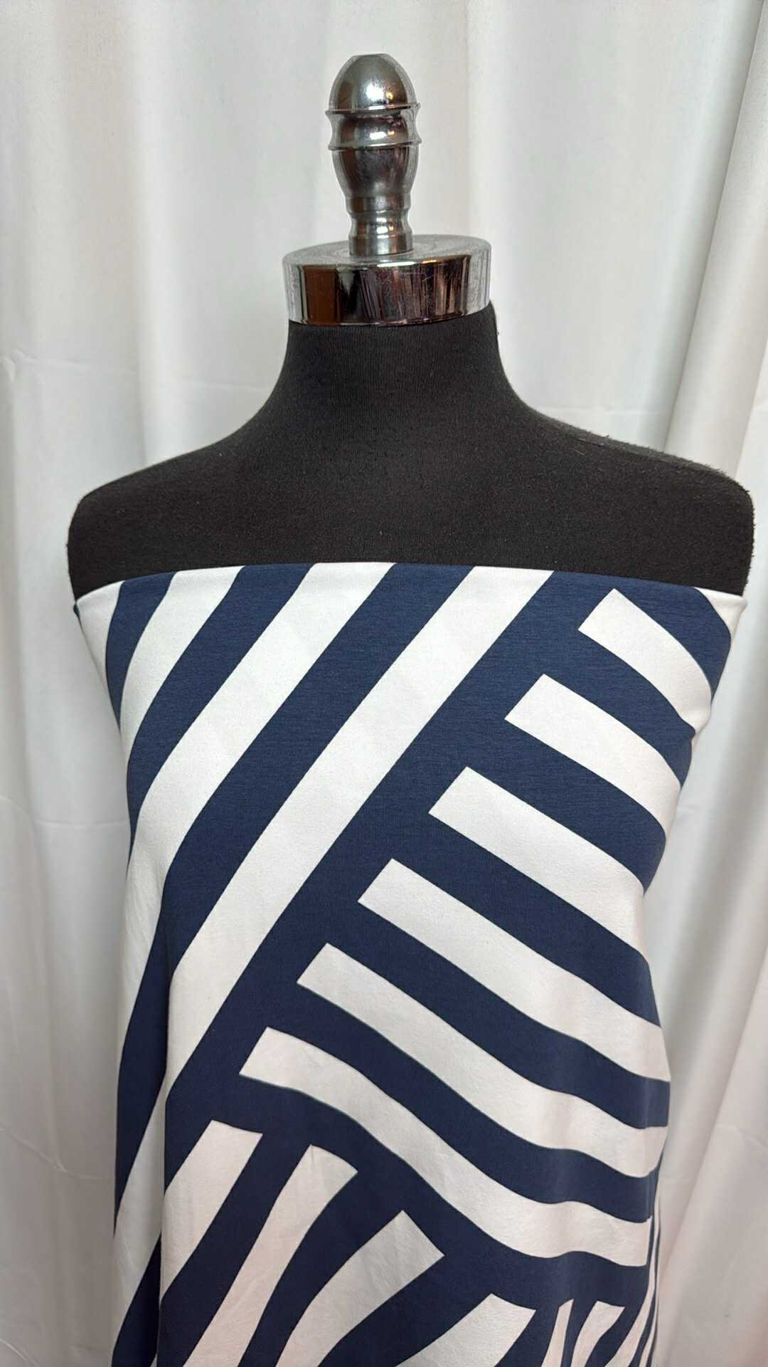 Navy/Ivory Lines - Cotton/Spandex - 2 Yard Cut