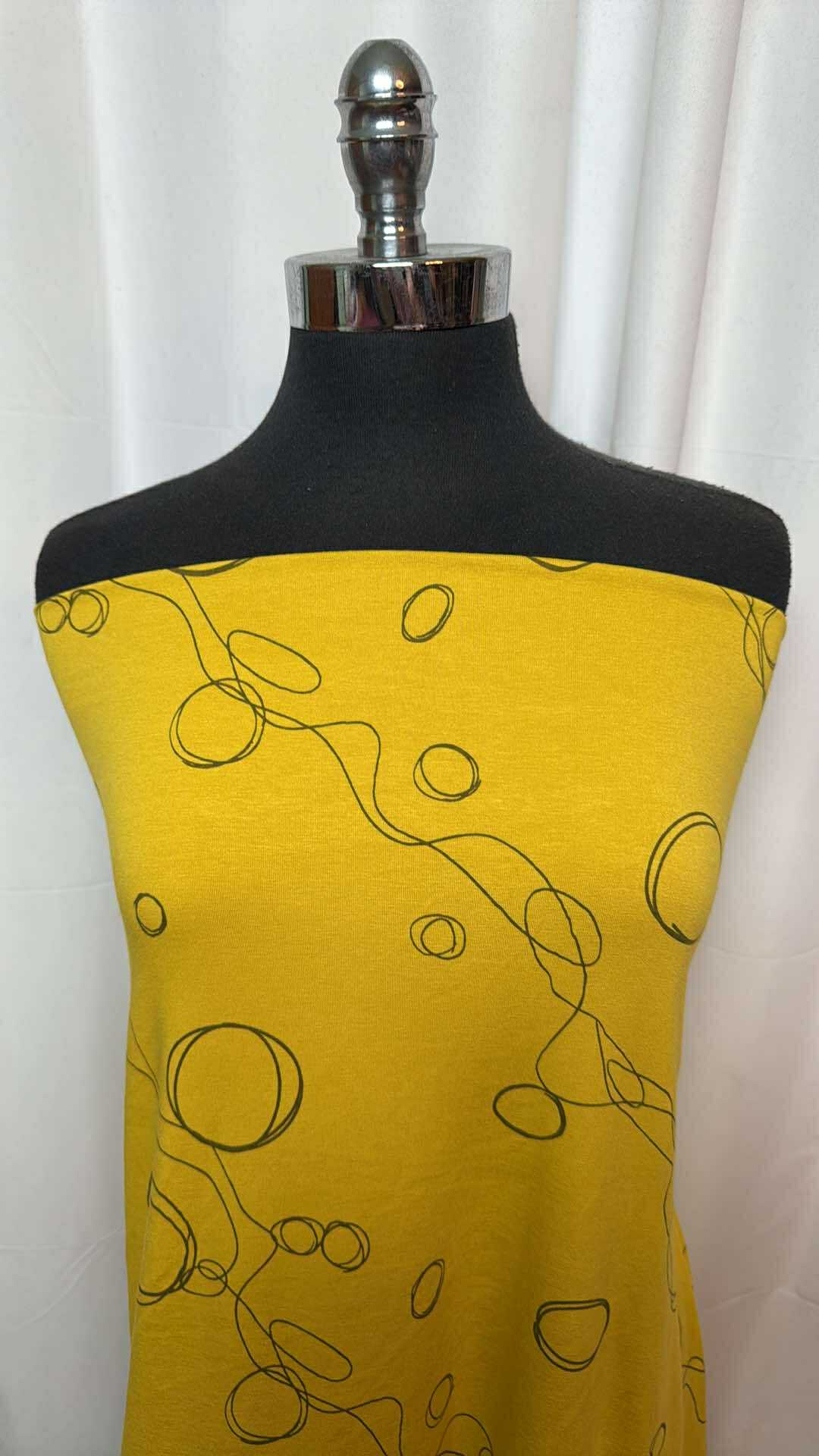 Mustard/Charcoal Bubbles - Bamboo/Cotton/Spandex - 2 Yard Cut