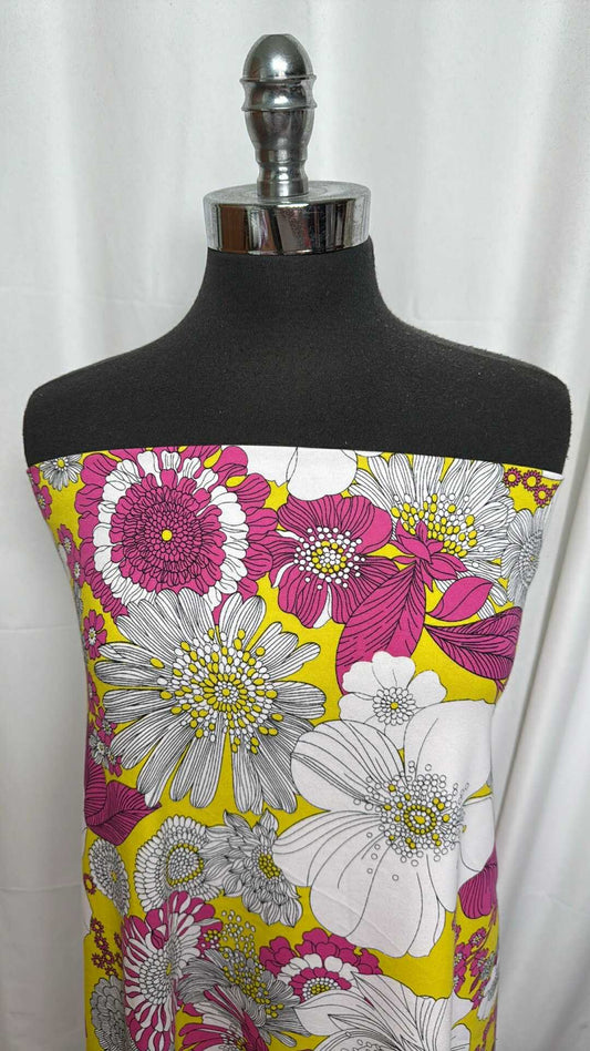 Yellow/Fuchsia/White Floral - Cotton/Spandex - 2 Yard Cut