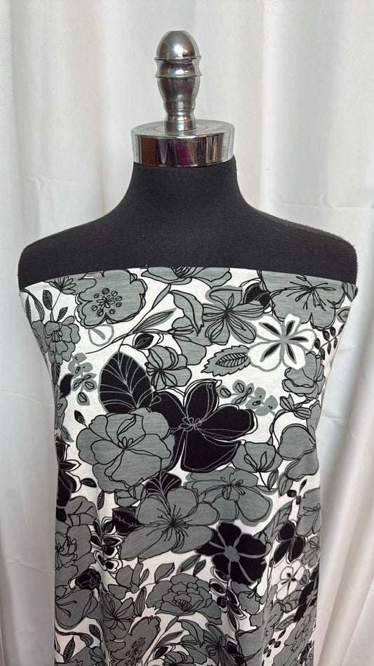 White/Black/Grey Floral - Cotton/Spandex - 2 Yard Cut