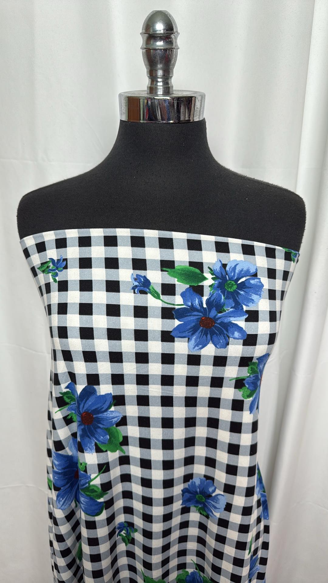 Blue Floral/Plaid - Double Brushed Poly Spandex - 2 Yard Cut