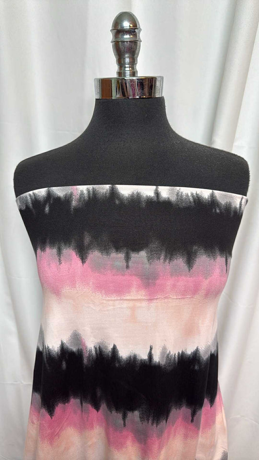 Black/Pink/Ivory Tie Dye Stripe - Double Brushed Poly Spandex - 2 Yard Cut