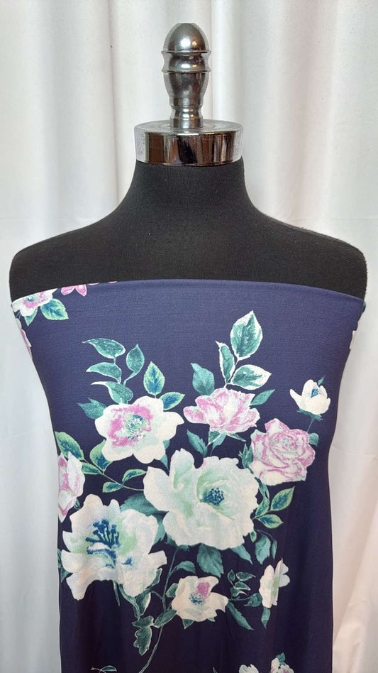 Navy/Mint Floral - Double Brushed Poly Spandex- 2 Yard Cut