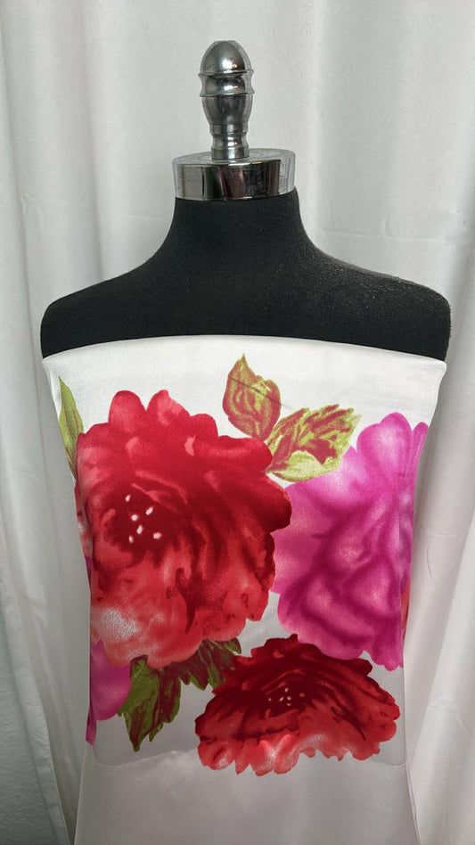 White Large Floral - Heavy Poly Satin - 2 Yard Cut