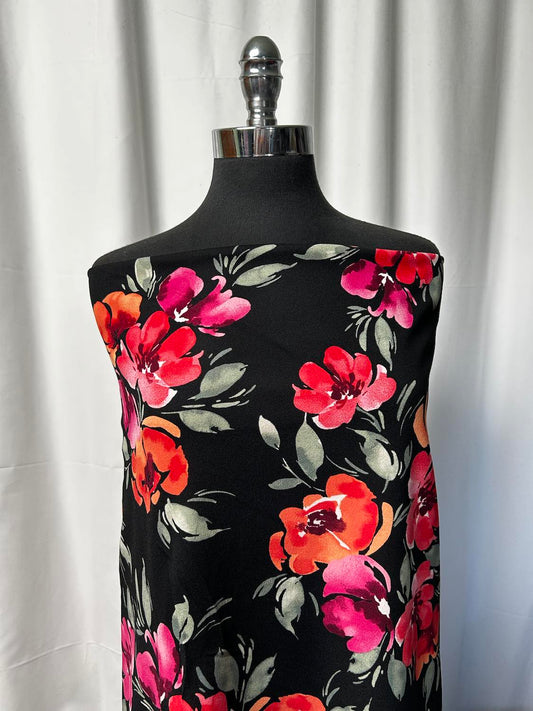 Black/Red Floral - Crepe Scuba - 2 Yard Cut