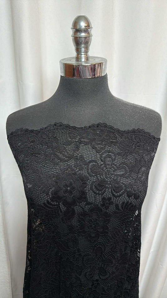 Black Floral Scalloped-Edge - Stretch Lace - 2 Yard Cut