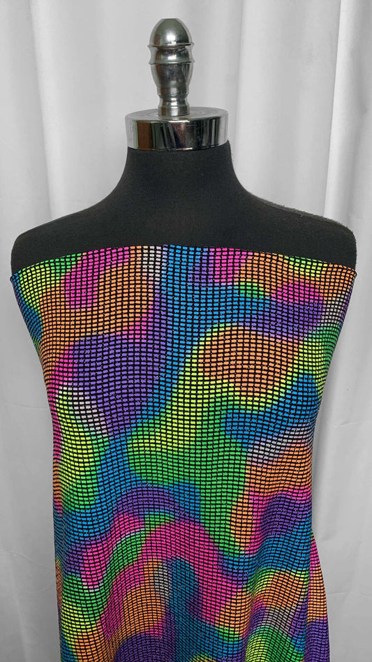 Black w/Rectangular Foil Swirls - Poly/Spandex Double Knit - 2 Yard Cut