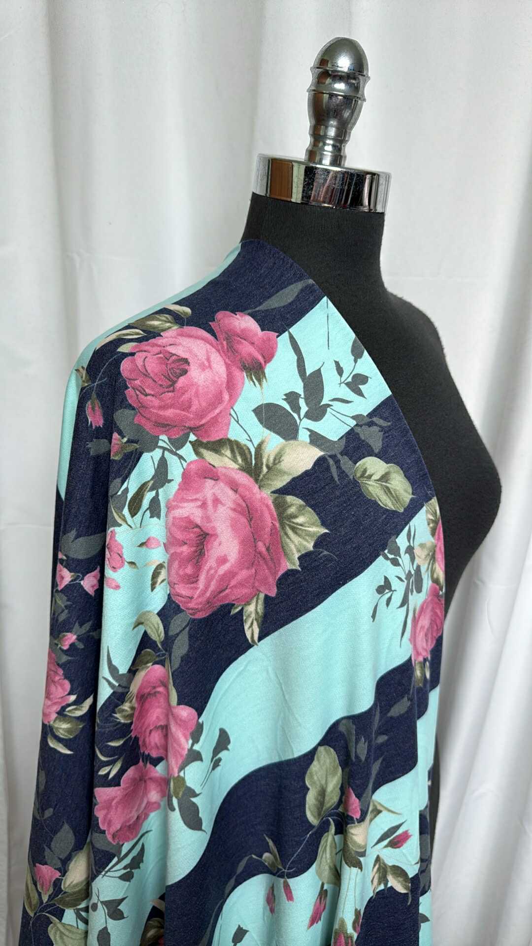 Navy/Blue Wide Stripe/Floral - PRS French Terry - 2 Yard Cut