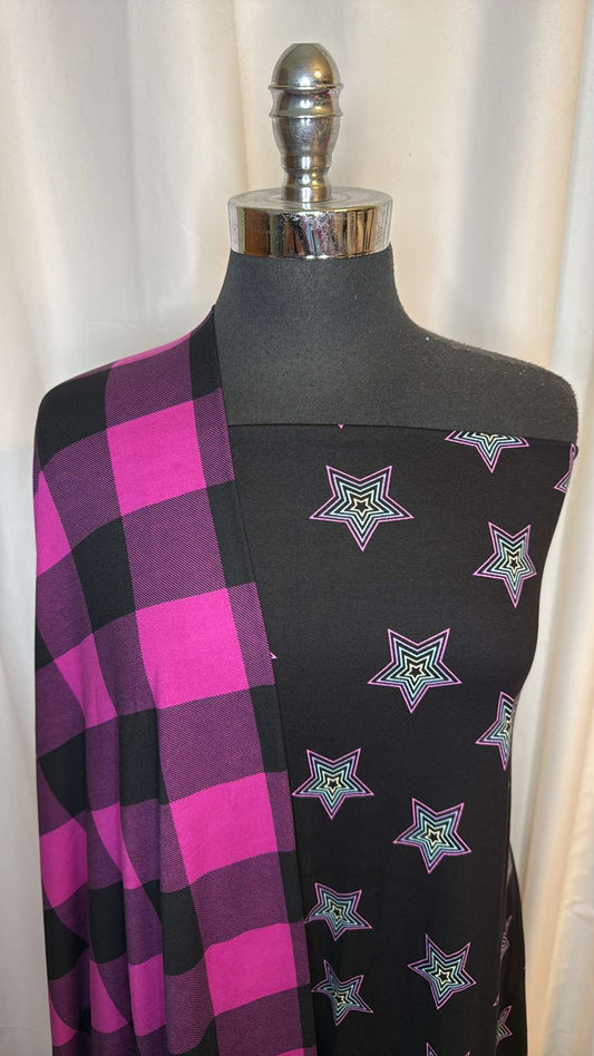FUCHSIA PLAID/STAR BUNDLE : 2YD Fuchsia Plaid DBP & 2YD Black Star DBP : A26687