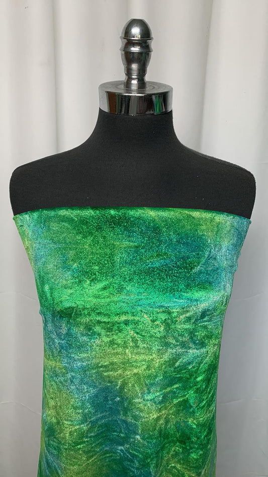 Blue/Green Tie Dye w/Glitter - 4-Way Stretch Velvet - 2 Yard Cut