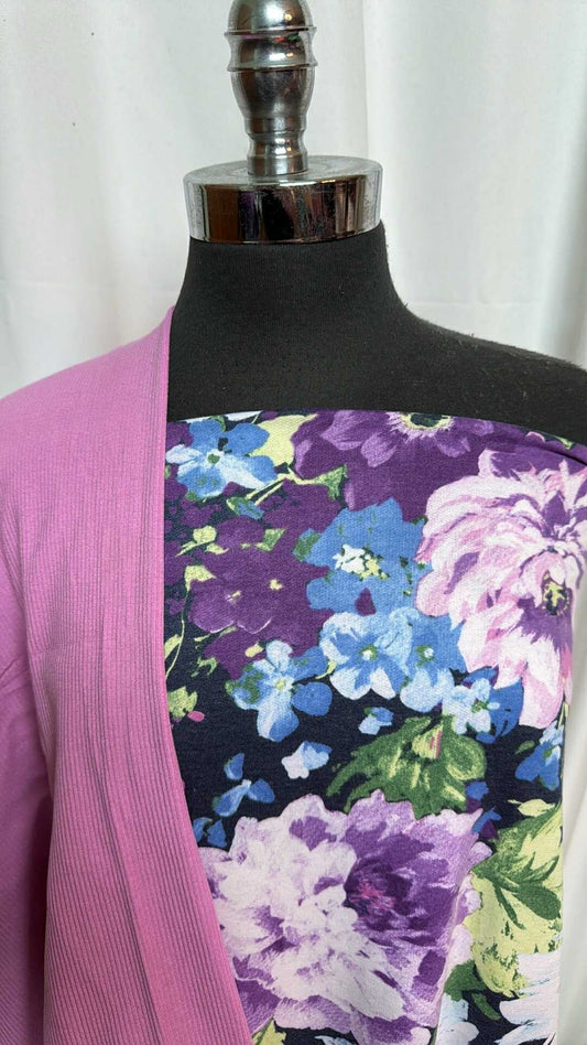 PINK/PURPLE FLORAL BUNDLE : 2YD Purple Floral PRS FT & 1YD Pink Heavy C/S Rib : A28331