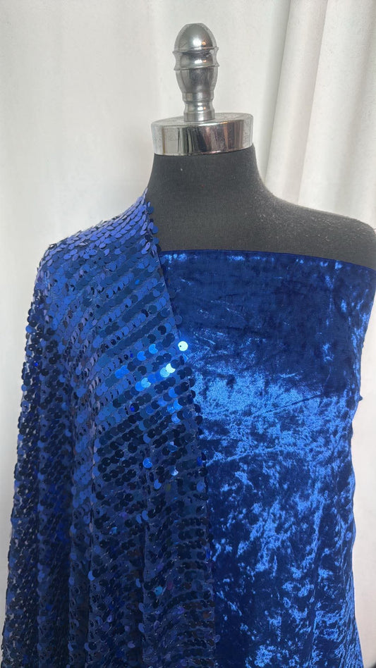 BLUE VELVET/SEQUINS BUNDLE : 1+YD Blue Stretch Crushed Velvet & 3YD Blue Sequins on Tulle : A30868