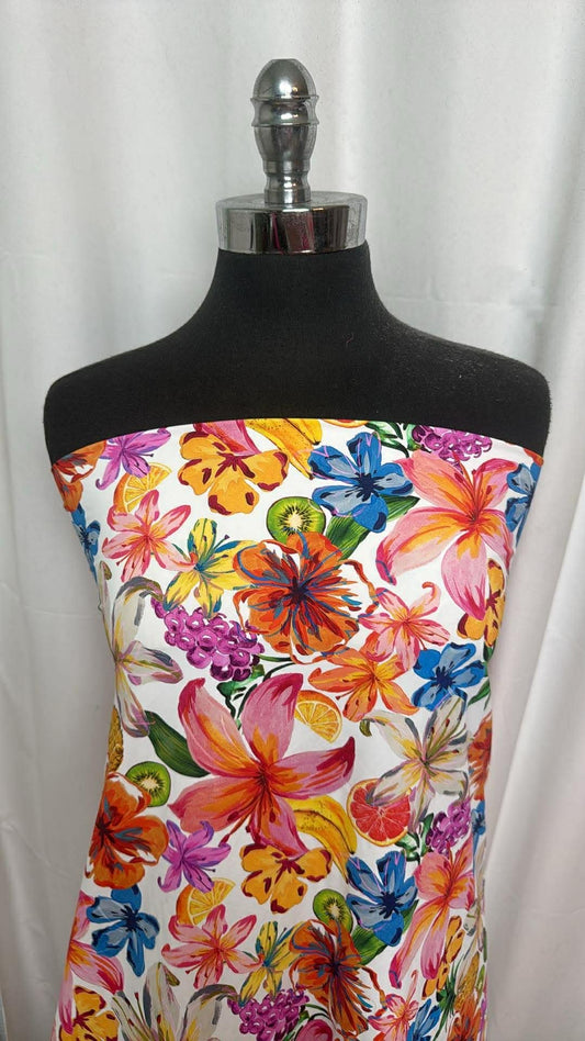 Floral/Fruit on White - Designer Nylon/Spandex Swim - 1 Yard Cut