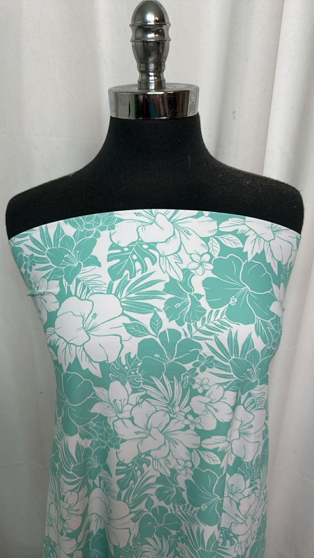 Mint/White Floral - Designer Nylon/Spandex Swim - 1 Yard Cut