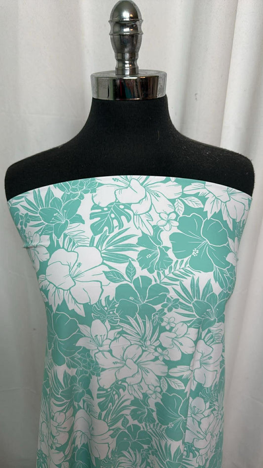 Mint/White Floral - Designer Nylon/Spandex Swim - 1 Yard Cut