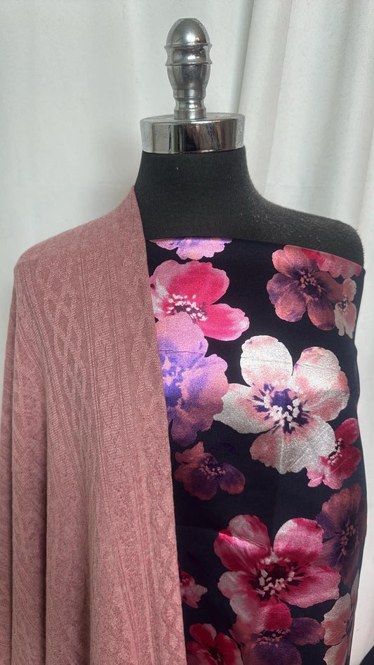 MAUVE CABLE/FOIL FLORAL BUNDLE : 35" Cut of Floral Scuba w/Foil & 1.5YD Mauve Cable Oakley SK : A30874
