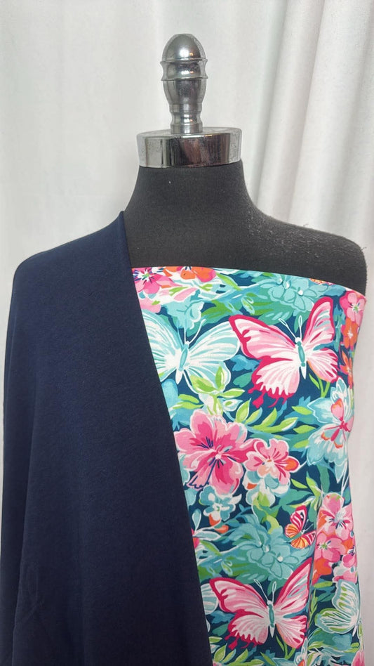 NAVY/FLUTTER & FLORA BUNDLE : 2.5YD Navy Bamboo C/S FT & 3YD Flutter & Flora Peached PF : A30921