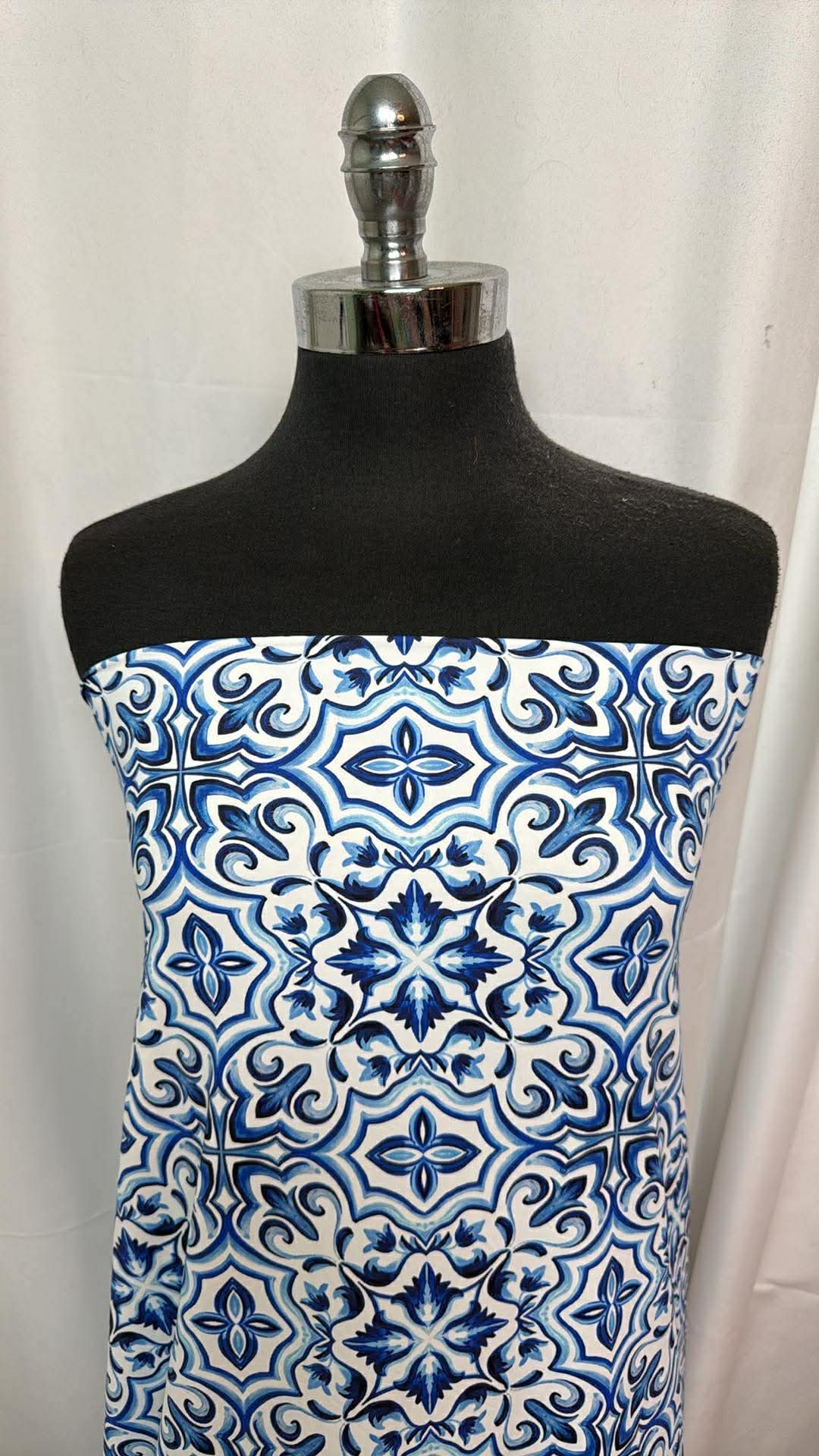 Blue/Ivory Geo - Designer Nylon/Spandex Swim - 2 Yard Cut
