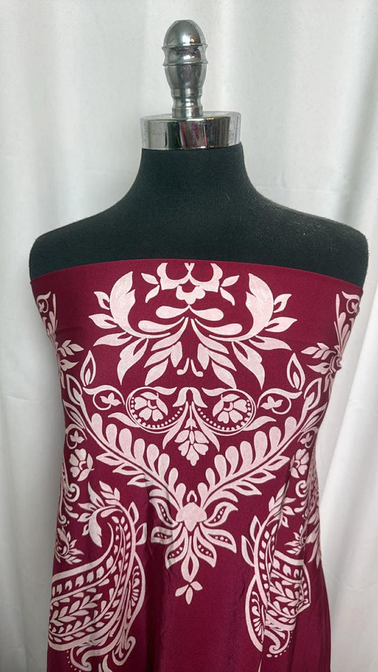 Double-Border Burgundy Large Paisley/Floral - Designer Nylon/Spandex Swim - 2 Yard Cut