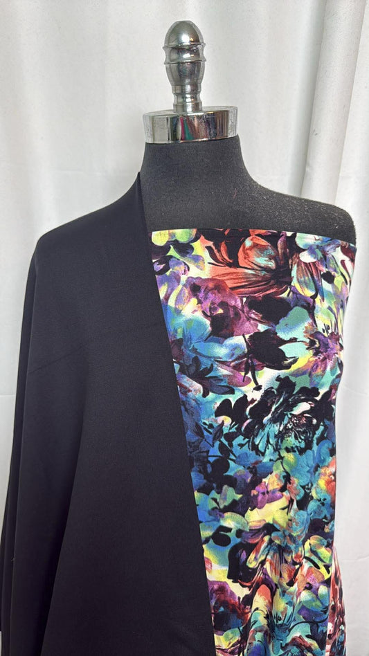 BLACK/MULTI FLORAL BUNDLE : 3YD Multi Floral DBP & 2YD Solid Black Peached PF : A30426