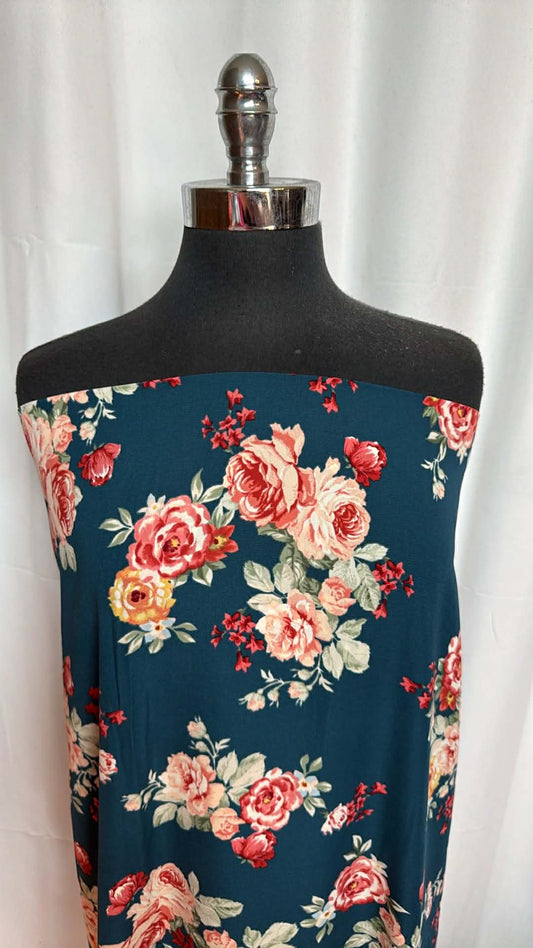 Teal Floral - Poly Wool Dobby - 2 Yard Cut
