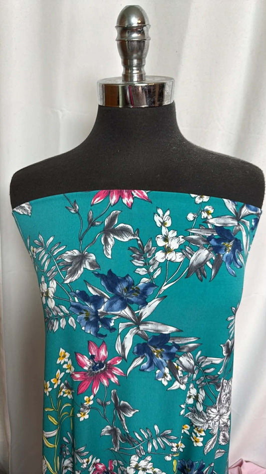 Teal Floral - ITY - 2 Yard Cut