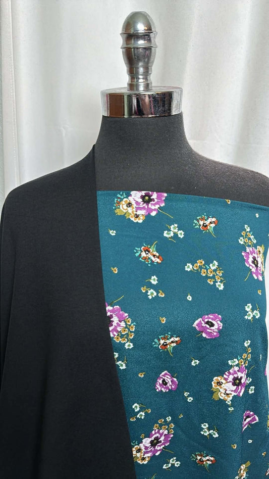BLACK/TEAL FLORAL BUNDLE : 1+YD Black 2-Tone Peached PF & 2YD Teal Floral Poly Woven : A29812