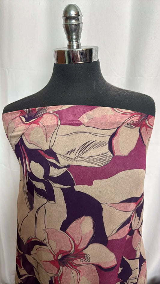 Fuchsia/Tan Floral - Poly Chiffon - 3 Yard Cut