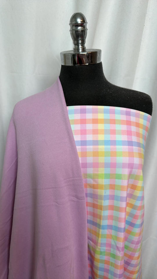 PASTEL CHECK BUNDLE : 33" Cut of Pastel Check Yoga PF & 2YD Lavender Brushed Sweatshirt Fleece : A30605