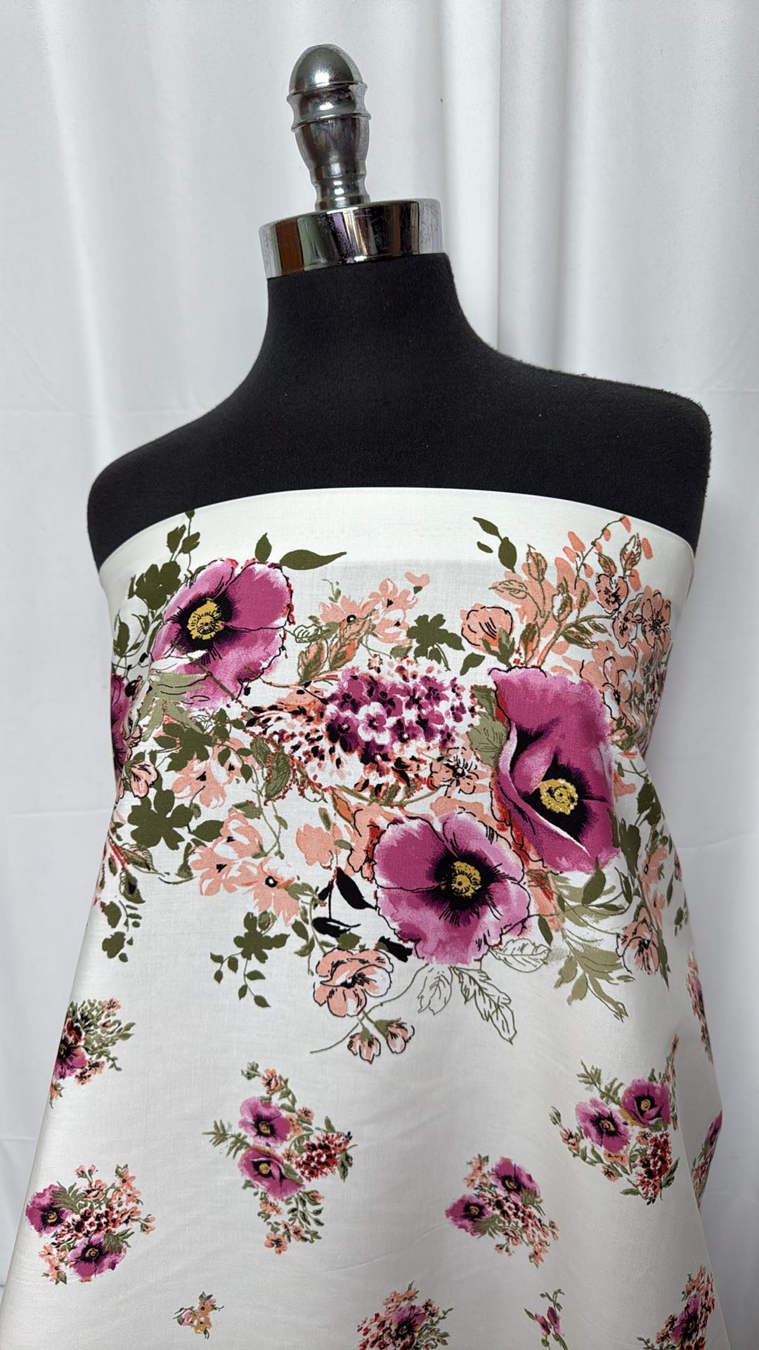 Ivory/Fuchsia Floral - Double-Border Cotton/Spandex Poplin  - 2 Yard Cut