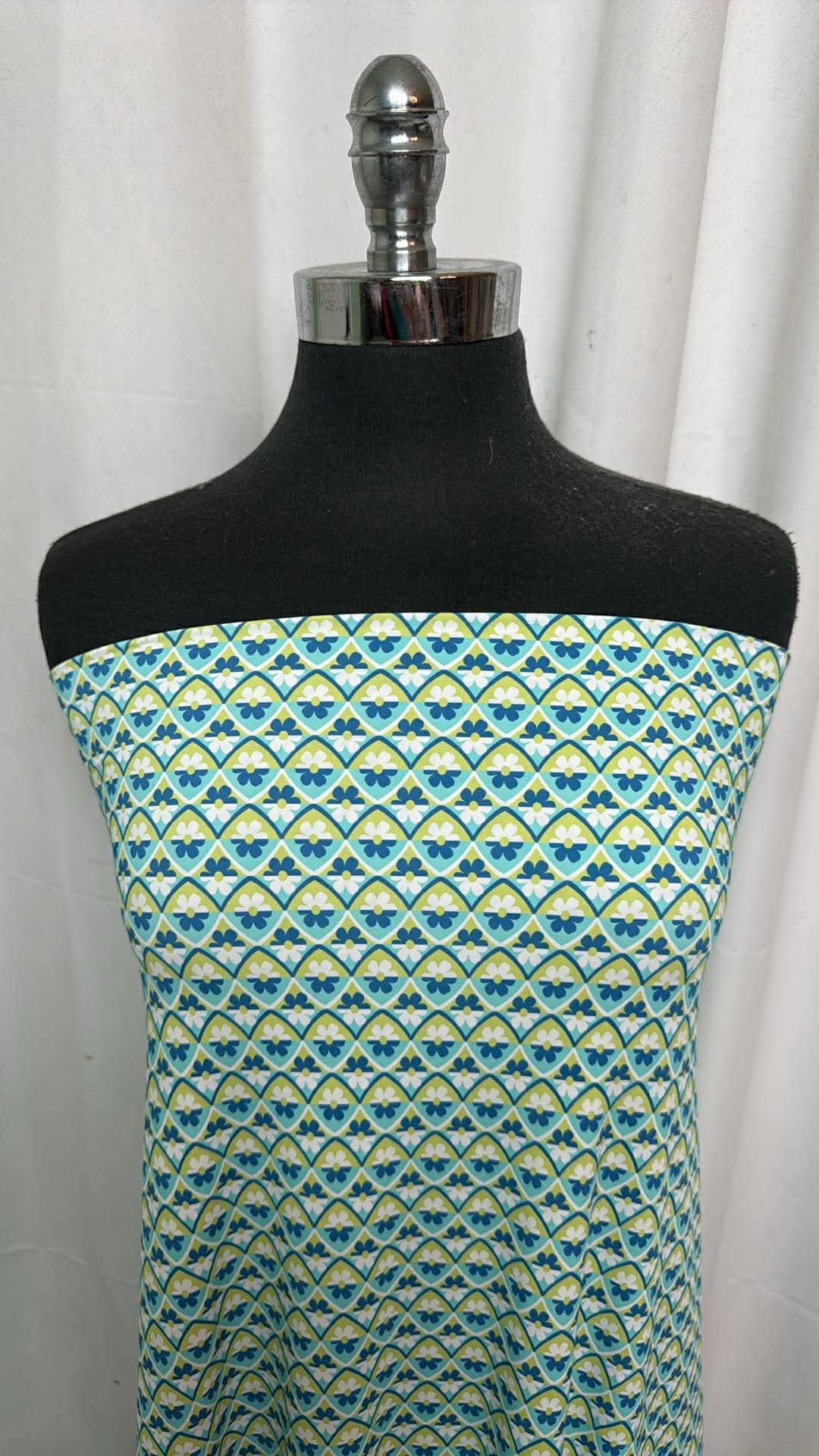Blue/Green Geo Flowers - Designer Nylon/Spandex Swim - 2 Yard Cut