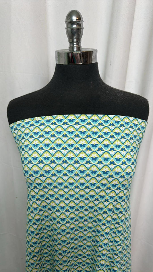 Blue/Green Geo Flowers - Designer Nylon/Spandex Swim - 1 Yard Cut