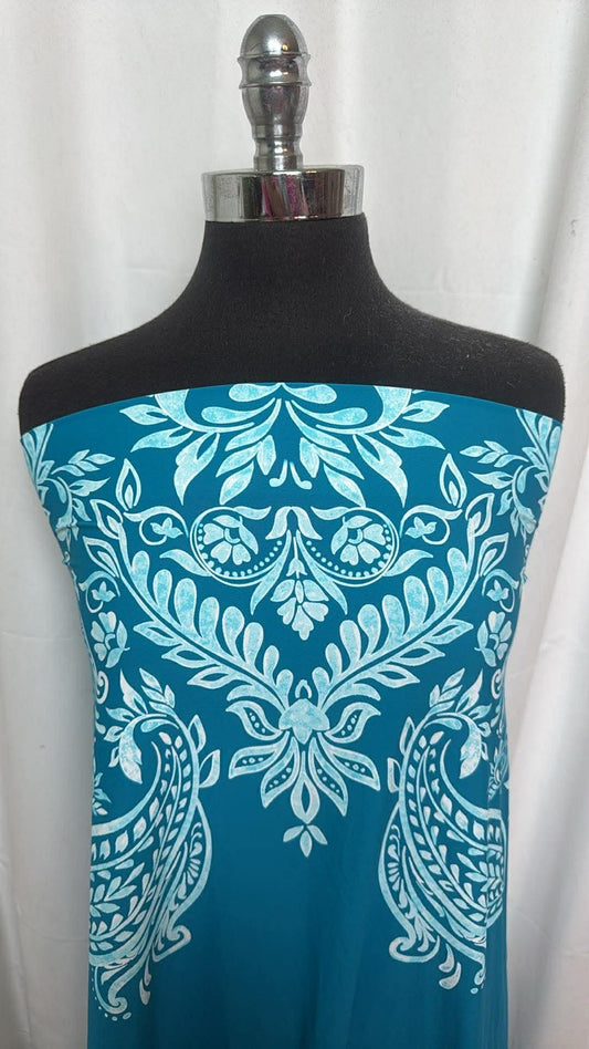 Double-Border Teal Large Paisley/Floral - Designer Nylon/Spandex Swim - 1.5 Yard Cut